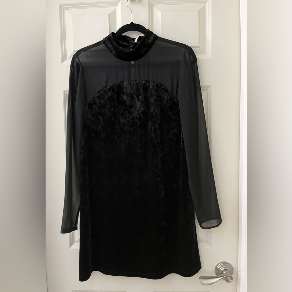 BCBGENERATION Black Velvet & Sheer Illusion Neckline Dress Sheer Arms size S